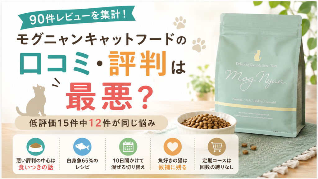 【90件集計】モグニャンキャットフードの口コミ・評判は最悪？低評価15件中12件が同じ悩み