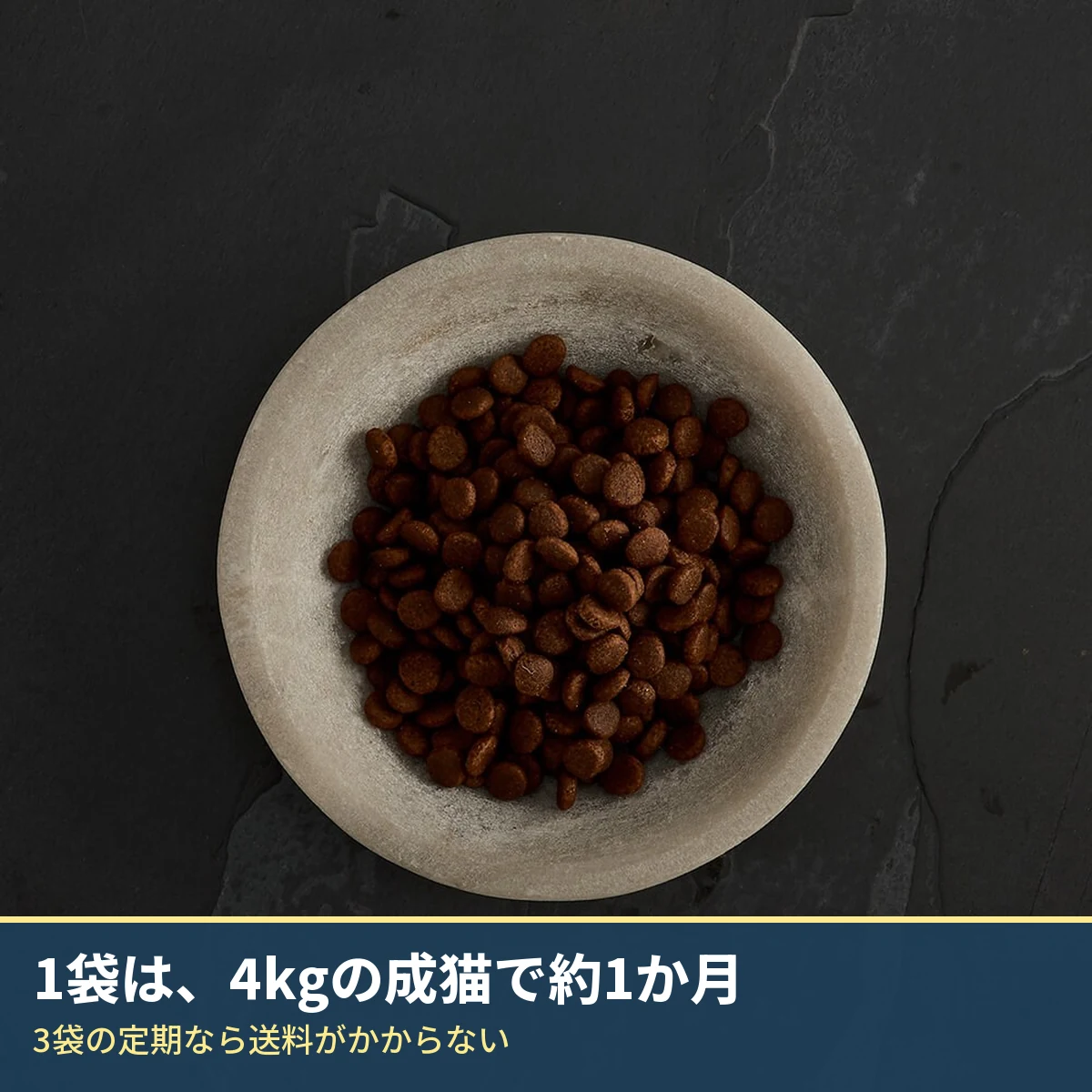 器に盛ったカナガンキャットフード チキンの粒。帯の文字は「1袋は、4kgの成猫で約1か月」「3袋の定期なら送料がかからない」