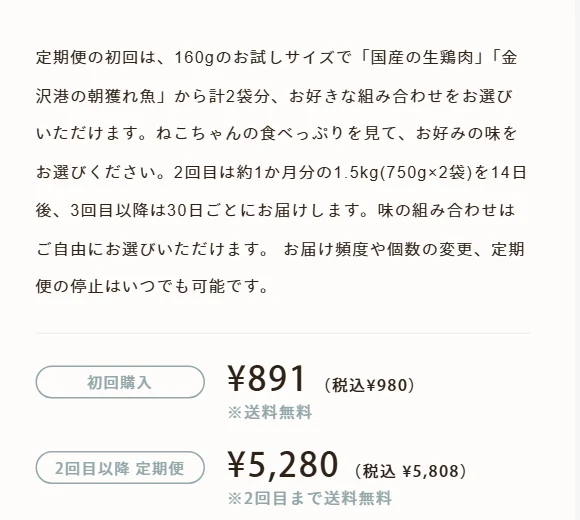 犬猫生活のキャットフード全年齢用の定期購入の説明。定期便の初回は160gのお試しサイズで国産の生鶏肉と金沢港の朝獲れ魚から計2袋分、2回目は14日後に1.5kg、3回目以降は30日ごと