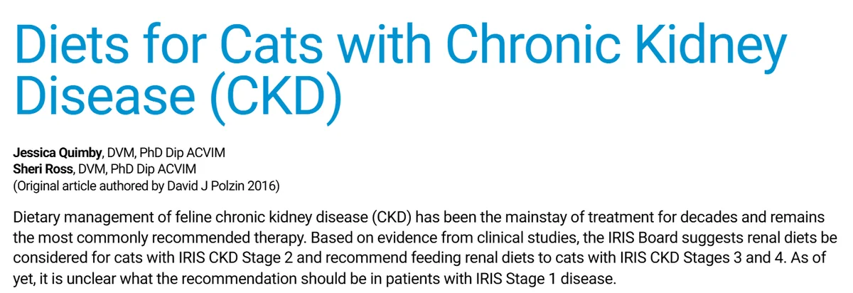 IRISの「Diets for Cats with Chronic Kidney Disease (CKD)」の冒頭。ステージ2の猫には腎臓病用の食事を検討し、ステージ3と4にはすすめ、ステージ1は推奨がまだはっきりしないと書かれている