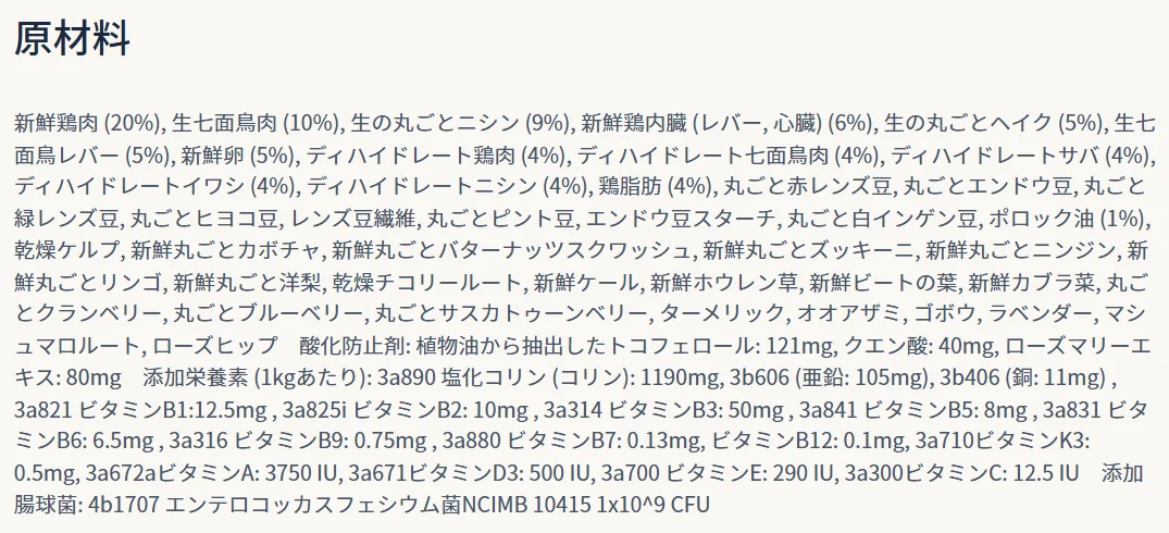 オリジン オリジナルキャットの原材料の欄。新鮮鶏肉（20%）、生七面鳥肉（10%）、生の丸ごとニシン（9%）、新鮮鶏内臓（6%）、生の丸ごとヘイク（5%）の順に並ぶ