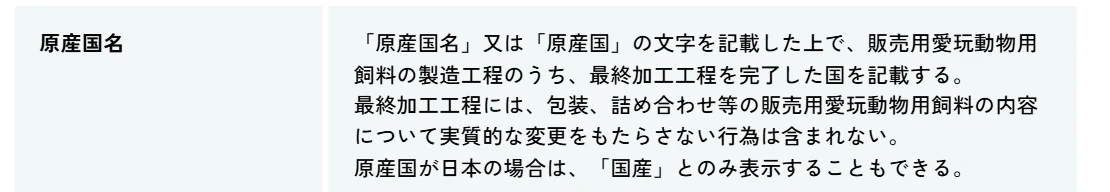 ペットフード公正取引協議会の必要表示事項の原産国名の欄。製造工程のうち最終加工工程を完了した国を記載する、包装や詰め合わせは最終加工工程に含まれない、原産国が日本の場合は国産とのみ表示できる