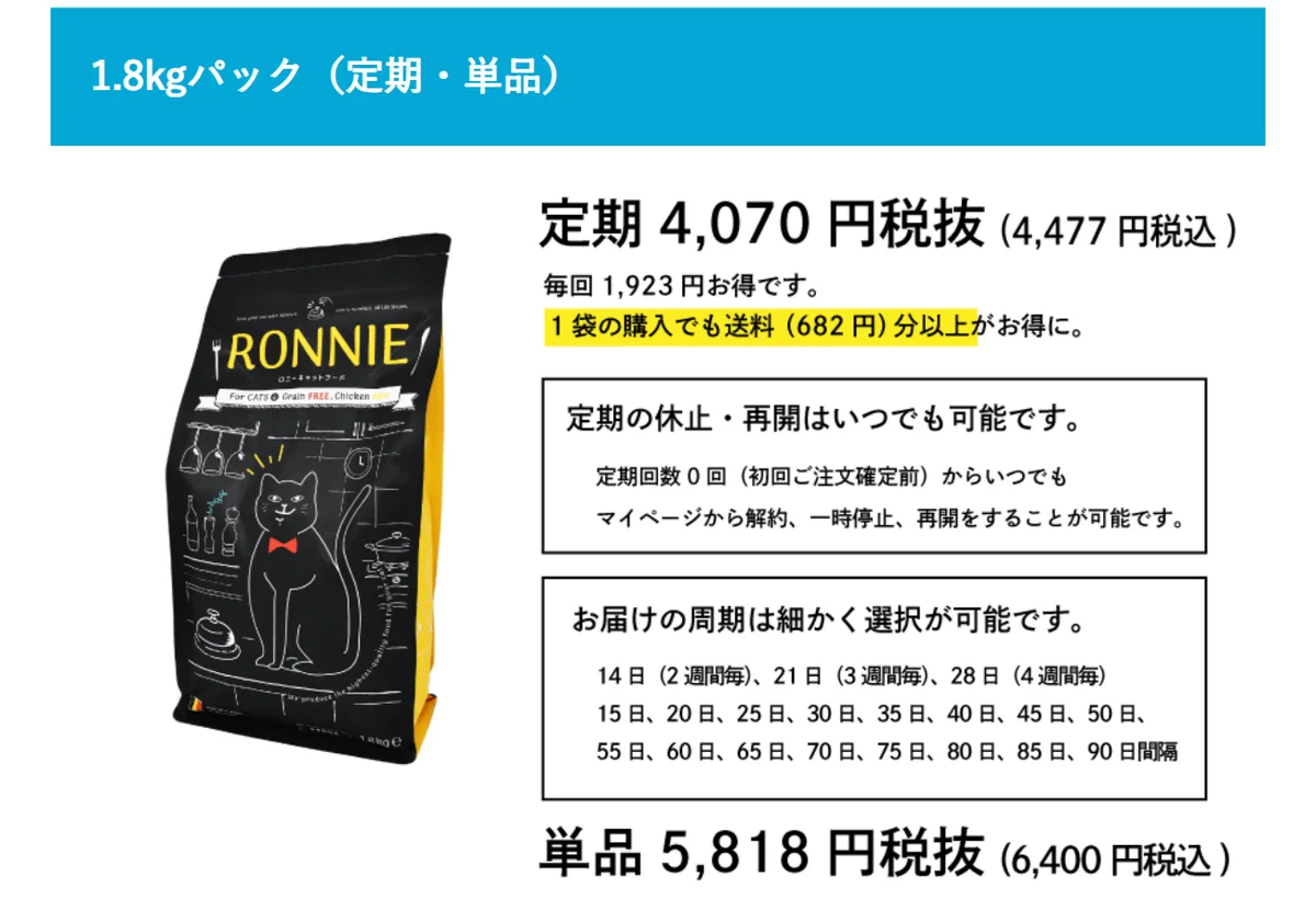 ロニーキャットフード公式サイトの1.8kgパックの欄。定期と単品の値段、定期は初回の注文確定前からマイページで解約・一時停止・再開ができ、お届けの周期は14日から90日間隔まで選べる
