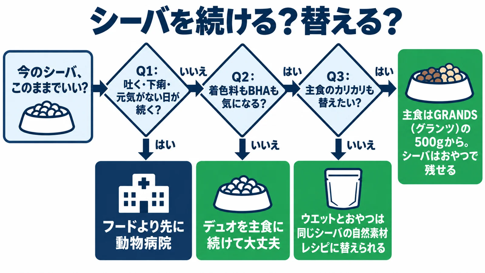 シーバを続ける？替える？3つの質問の流れ図。吐く・下痢・元気がない日が続くならフードより先に動物病院。着色料もBHAも気にならないならデュオを主食に続けて大丈夫。主食のカリカリまでは替えないなら、ウエットとおやつは同じシーバの自然素材レシピに替えられる。主食も替えたいなら主食はGRANDS（グランツ）の500gから、シーバはおやつで残せる